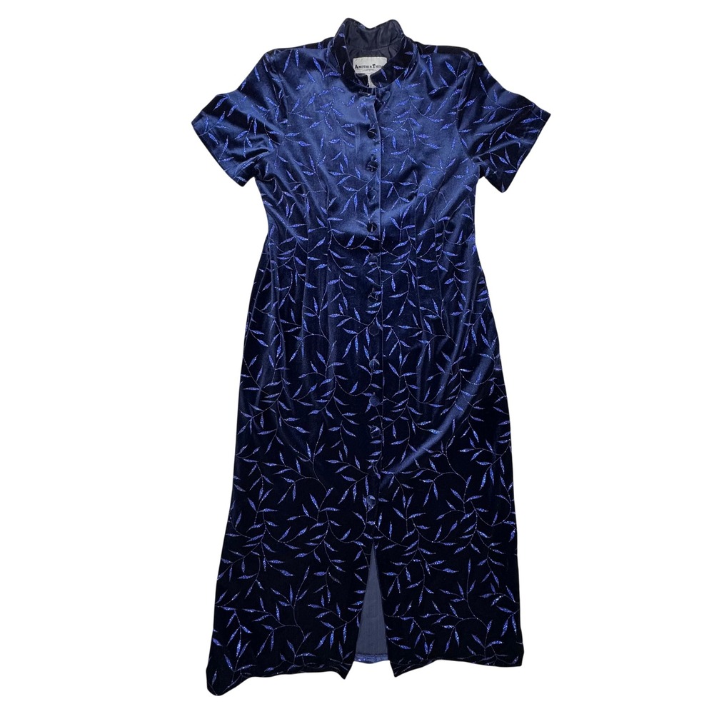 Another Thyme VTG 80s 90s Blue Velvet Glitter Leaf Maxi Dress Sz 18 Whimsigoth